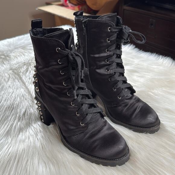 Laundry Black Satin Silver Studded Motto Boots - Picture 1 of 9